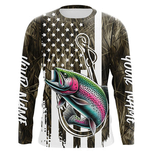 Lake Grass Camo US Flag Custom Rainbow Trout Patriotic Long Sleeve Fishing Shirts With Name IPHW8167