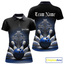 Load image into Gallery viewer, Womens polo shirt mockup front and back, black shirt featuring blue Celtic cross and explosive bowling ball striking pins design