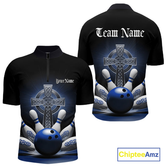 Mens quarter zip bowling shirt mockup front and back, black shirt with blue Celtic cross and bowling ball exploding into pins design