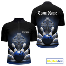 Load image into Gallery viewer, Mens quarter zip bowling shirt mockup front and back, black shirt with blue Celtic cross and bowling ball exploding into pins design