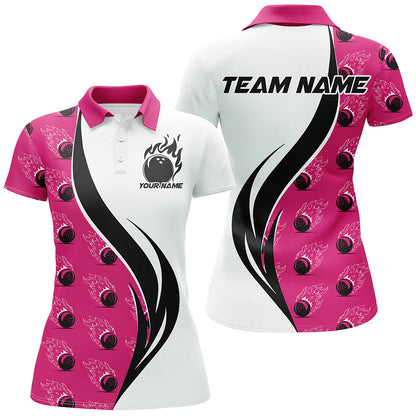 Custom Flame Bowling Polo Shirts For Women, Bowling Team Uniforms With Name | Pink IPHW6975