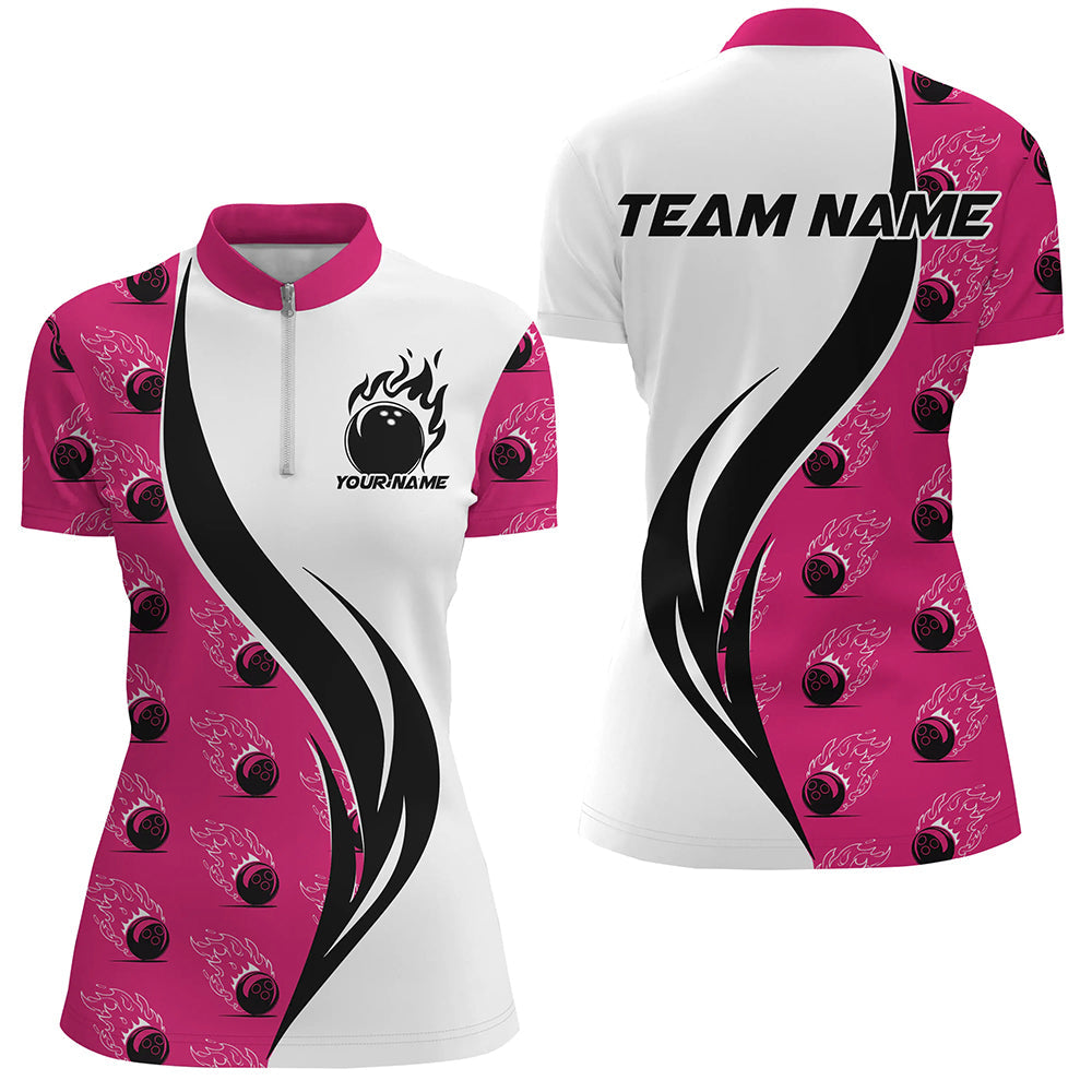 Custom Flame Bowling Polo Shirts For Women, Bowling Team Uniforms With Name | Pink IPHW6975