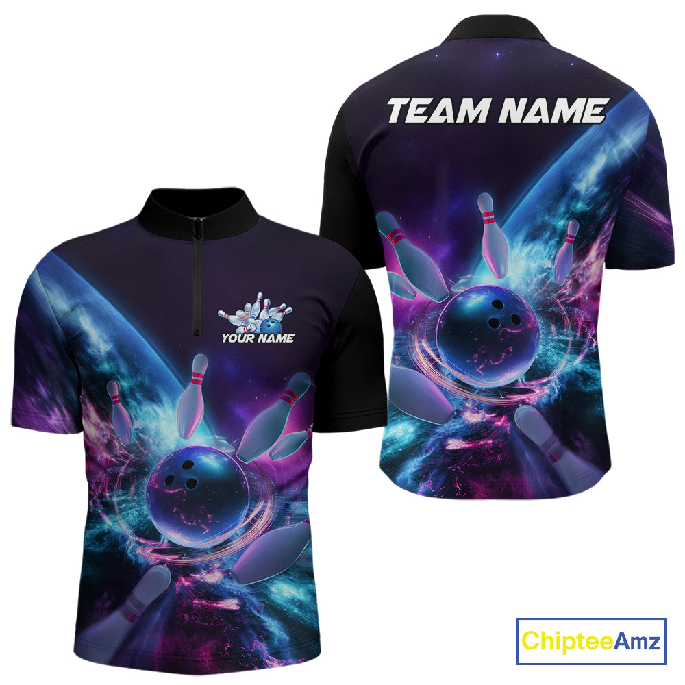 Custom Galaxy Bowling Men Quarter-Zip Shirts, Holographic Bowling Jersey Bowling League Shirt IPHW9501