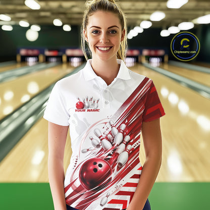 Custom White And Red Motion Speed Bowling Team Women Polo Shirt, Bowling Jerseys IPHW11646