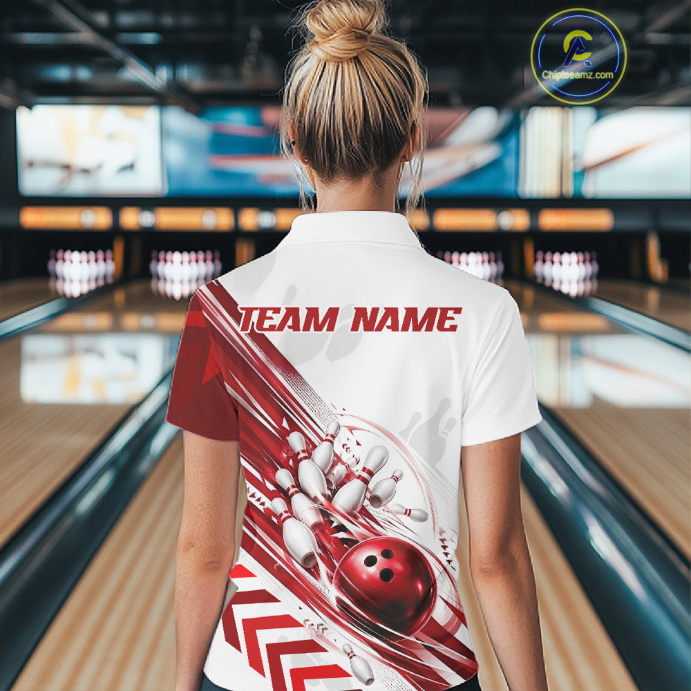 Custom White And Red Motion Speed Bowling Team Women Polo Shirt, Bowling Jerseys IPHW11646