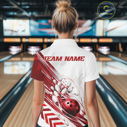Custom White And Red Motion Speed Bowling Team Women Polo Shirt, Bowling Jerseys IPHW11646