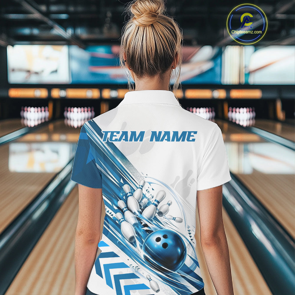 Custom White And Blue Motion Speed Bowling Team Women Polo Shirt, Bowling Jerseys IPHW11647
