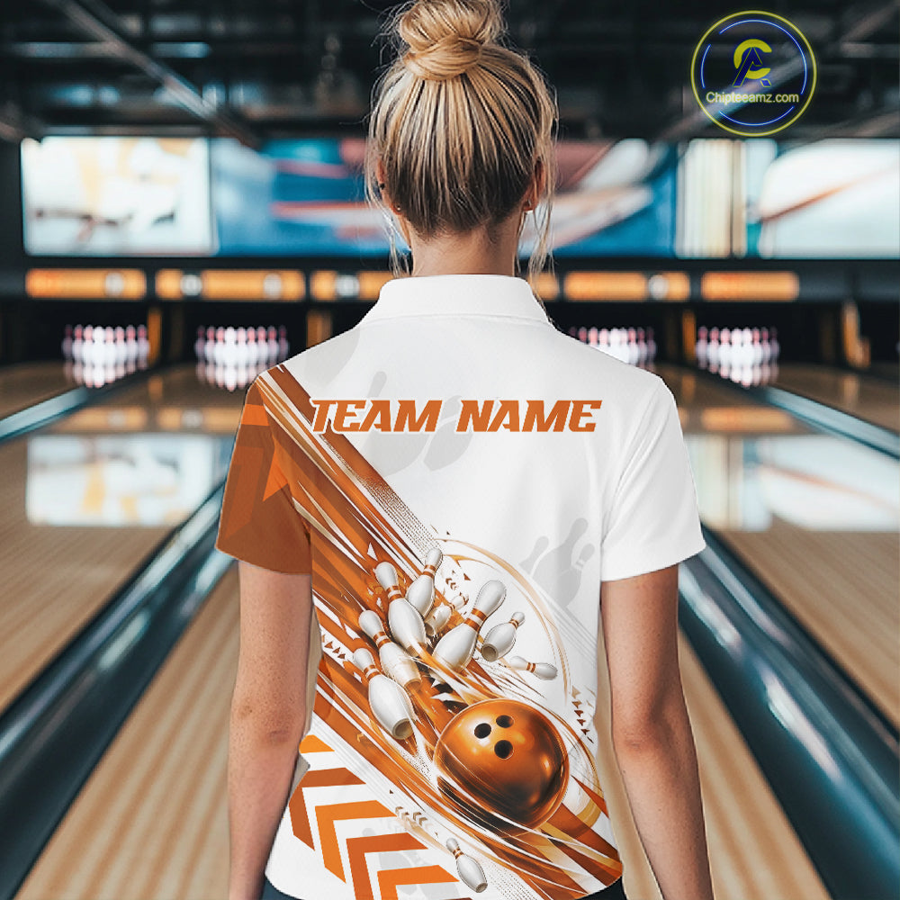 Custom White And Orange Motion Speed Bowling Team Women Polo Shirt, Bowling Jerseys IPHW11648