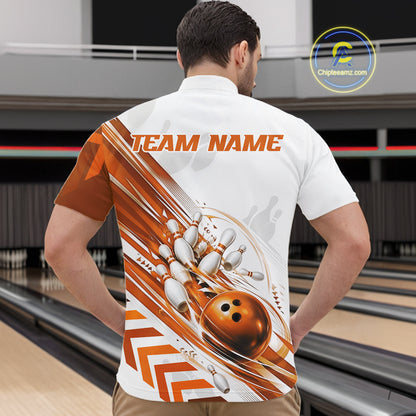 Custom White And Orange Motion Speed Bowling Team Men Quarter Zip Shirt, Bowling Jerseys IPHW11648