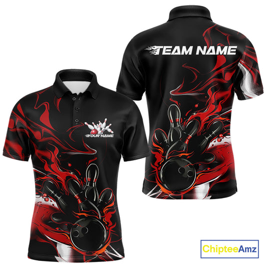 Custom Black And Red Camo Flame Bowling Team Polo Shirts For Men, Bowling Jerseys IPHW9877