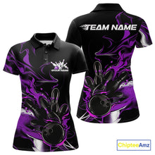 Load image into Gallery viewer, Custom Black And Purple Camo Flame Bowling Team Polo Shirts For Women, Bowling Jerseys IPHW9879