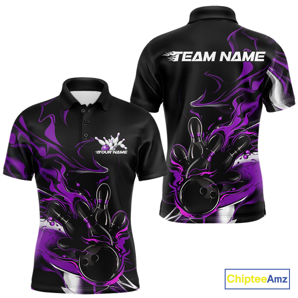 Custom Black And Purple Camo Flame Bowling Team Polo Shirts For Men, Bowling Jerseys IPHW9879