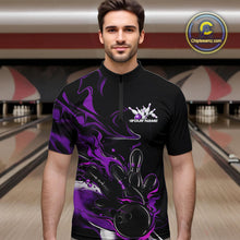 Load image into Gallery viewer, Custom Black And Purple Camo Flame Bowling Team Quarter-Zip Shirts For Men, Bowling Jerseys IPHW9879