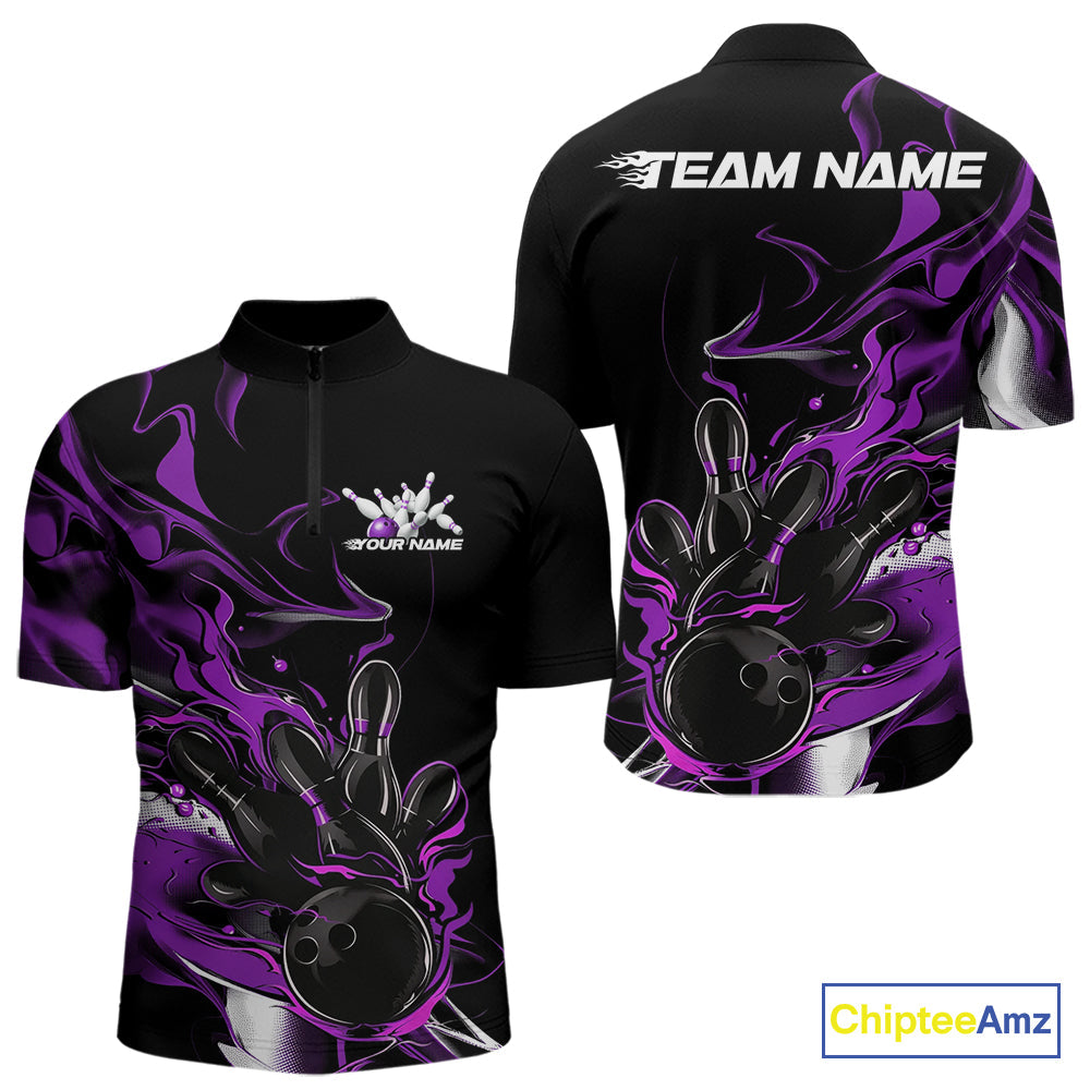 Custom Black And Purple Camo Flame Bowling Team Quarter-Zip Shirts For Men, Bowling Jerseys IPHW9879