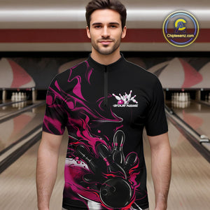 Custom Black And Pink Camo Flame Bowling Team Quarter-Zip Shirts For Men, Bowling Jerseys IPHW9880