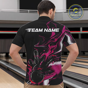Custom Black And Pink Camo Flame Bowling Team Quarter-Zip Shirts For Men, Bowling Jerseys IPHW9880