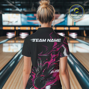 Custom Black And Pink Camo Flame Bowling Team Women Quarter-Zip Shirts, Bowling Jerseys IPHW9880
