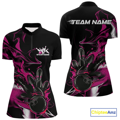 Custom Black And Pink Camo Flame Bowling Team Women Quarter-Zip Shirts, Bowling Jerseys IPHW9880