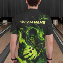 Load image into Gallery viewer, Black And Green Flame Skull Custom Bowling Polo Shirts For Men, Skeleton Bowling Team Shirt IPHW8400