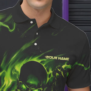 Black And Green Flame Skull Custom Bowling Polo Shirts For Men, Skeleton Bowling Team Shirt IPHW8400