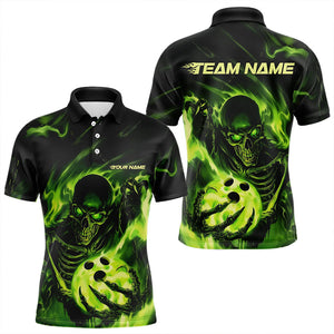 Black And Green Flame Skull Custom Bowling Polo Shirts For Men, Skeleton Bowling Team Shirt IPHW8400