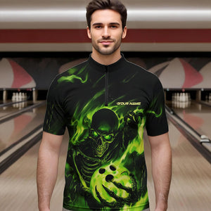 Black And Green Flame Skull Custom Bowling Quarter-Zip Shirts For Men, Skeleton Bowling Team Shirt IPHW8400