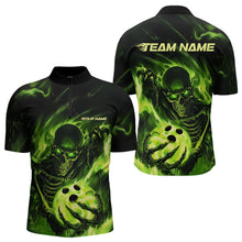 Load image into Gallery viewer, Black And Green Flame Skull Custom Bowling Quarter-Zip Shirts For Men, Skeleton Bowling Team Shirt IPHW8400