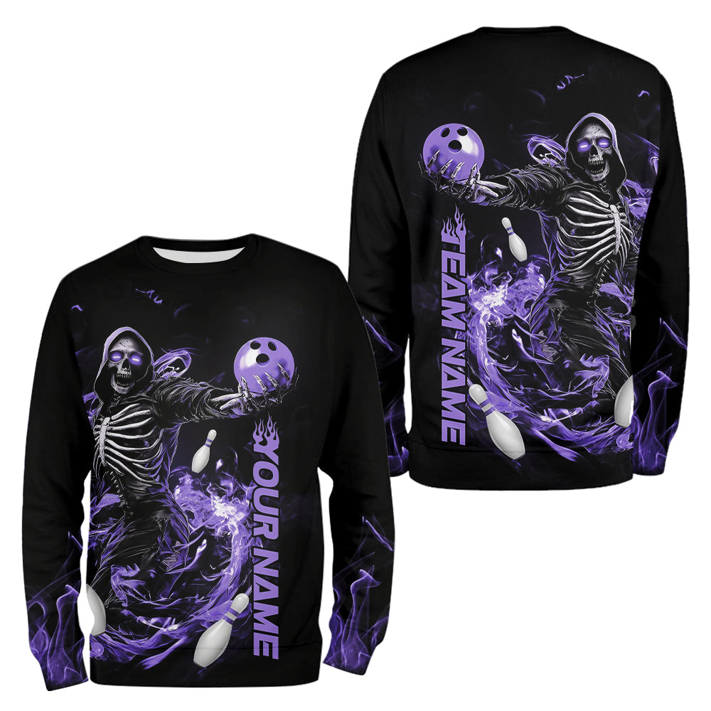 Custom Black And Purple Skeleton Bowling Men And Women Sweatshirt Shirt, Skull Bowling Tournament Shirt IPHW8412