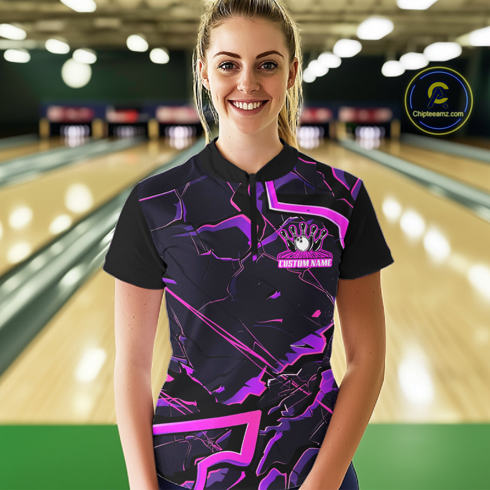 Pink And Purple Custom Bowling Team Shirts For Women, Bowling Tournament Outfits IPHW6470