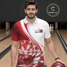 Load image into Gallery viewer, Male model in a bowling lane wearing a white and red polo shirt with a sweeping curve bowling strike graphic and pins being knocked down.