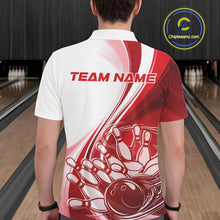 Load image into Gallery viewer, Back view of a male model in a bowling venue wearing a white and red polo shirt, showcasing a dynamic curved bowling ball hitting pins design.