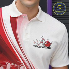 Load image into Gallery viewer, Close-up of the left chest area of a white and red bowling polo shirt, featuring a sweeping curve bowling strike illustration.