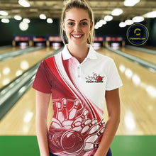 Load image into Gallery viewer, Female model in a bowling lane wearing a white and red polo shirt with dynamic curved bowling ball hitting pins design and motion accents.