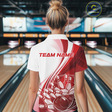 Load image into Gallery viewer, Back view of a female model in a bowling venue wearing a white and red polo shirt, showcasing a sweeping bowling strike illustration with motion effects.