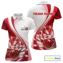 Load image into Gallery viewer, Front and back view of a womens bowling polo shirt mockup in white and red, featuring a sweeping curve bowling strike graphic with pins being hit.