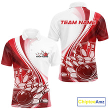 Load image into Gallery viewer, Front and back view of a mens bowling polo shirt mockup in white and red, featuring a dynamic sweeping curve with a bowling ball crashing into pins.