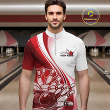 Load image into Gallery viewer, Male model in a bowling lane wearing a white and red quarter zip shirt, showcasing a dynamic curved bowling strike graphic with pins being hit.