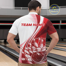 Load image into Gallery viewer, Male model in a bowling venue wearing a white and red quarter zip shirt, featuring a sweeping motion bowling ball hitting pins illustration.