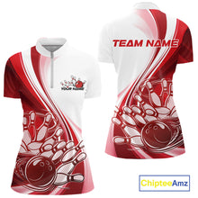 Load image into Gallery viewer, Front and back view of a women s white and red bowling quarter zip with dynamic sweeping curves and bowling ball crashing into pins artwork.