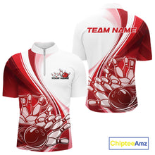 Load image into Gallery viewer, Front and back view of a mens bowling quarter zip shirt mockup in white and red, featuring a sweeping curve design with a bowling ball crashing into pins.