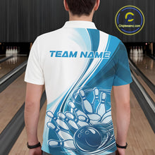 Load image into Gallery viewer, Back view of a male model in a bowling venue wearing a white and blue polo shirt, showcasing a sweeping bowling strike illustration.