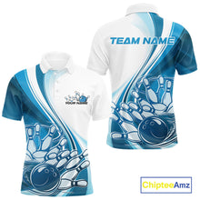 Load image into Gallery viewer, Front and back view of a mens bowling polo shirt mockup in white and blue, featuring a dynamic sweeping curve bowling strike graphic.
