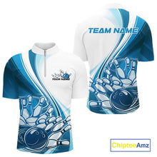 Load image into Gallery viewer, Front and back view of a mens bowling quarter zip shirt mockup in white and blue, featuring a dynamic curved bowling strike graphic with ball and pins.