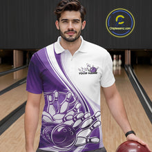 Load image into Gallery viewer, Male model in a bowling lane wearing a white and purple polo shirt with dynamic curved bowling strike graphic and motion accents.