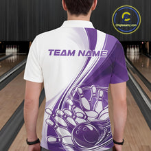 Load image into Gallery viewer, Back view of a male model in a bowling alley wearing a white and purple polo shirt, showcasing sweeping curve bowling action illustration.