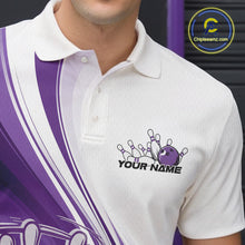Load image into Gallery viewer, Close-up of the left chest area of a white and purple bowling polo shirt, featuring a dynamic bowling strike curved motion design.