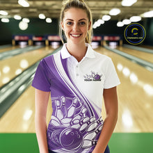 Load image into Gallery viewer, Female model in a bowling lane wearing a white and purple polo shirt with curved bowling ball hitting pins design and motion effects.