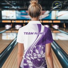 Load image into Gallery viewer, Back view of a female model in a bowling venue wearing a white and purple polo shirt, showcasing sweeping curve bowling action artwork.