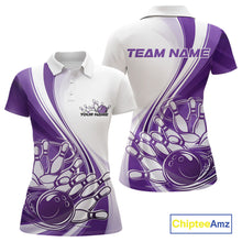 Load image into Gallery viewer, Front and back view of a womens bowling polo shirt mockup in white and purple, featuring a dynamic sweeping curve bowling strike illustration.