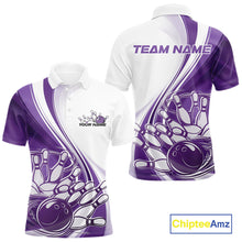 Load image into Gallery viewer, Front and back view of a mens bowling polo shirt mockup in white and purple, featuring a sweeping curve bowling ball crashing into pins.